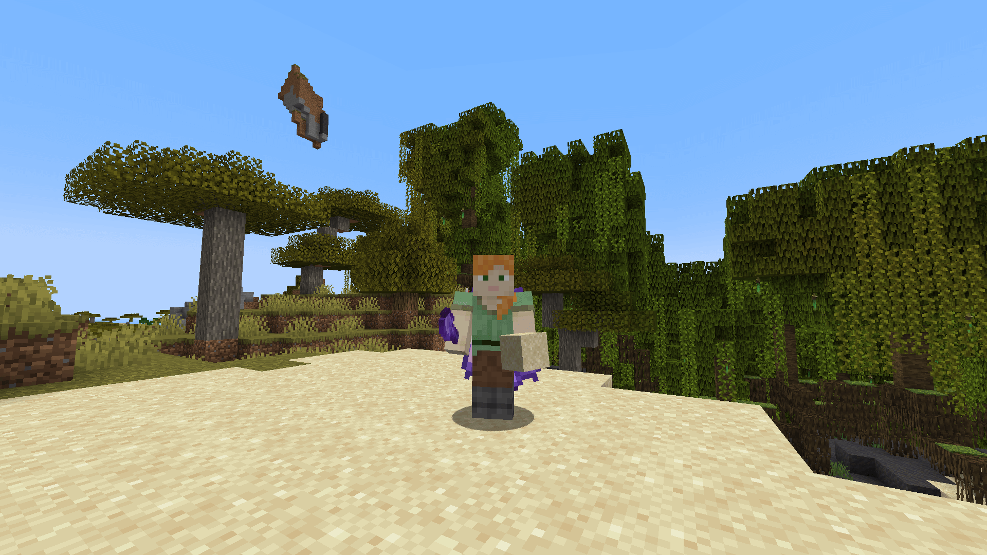 Alex stands on a patch of sand in front of a mangrove forest, holding a netherite shovel and a sand block.