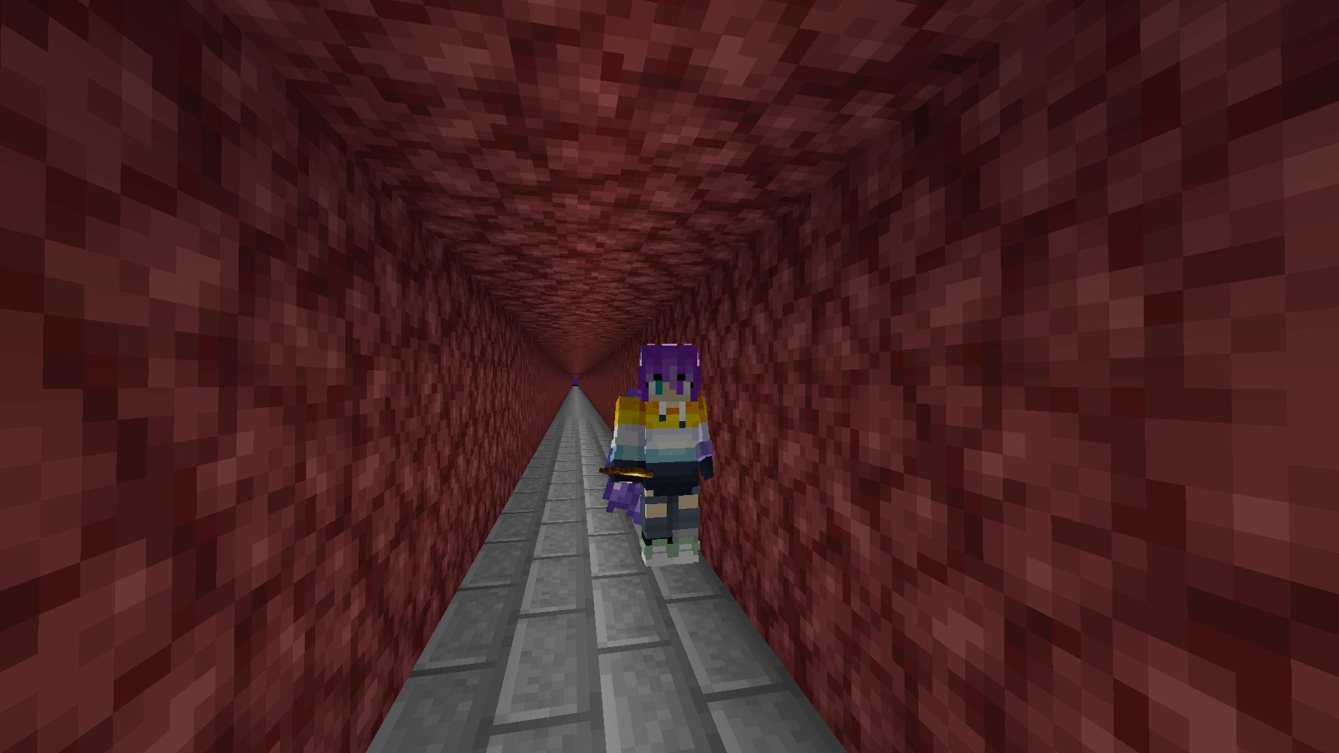 Ela stands in a long tunnel through netherrack, floored with stone brick slabs. A nether portal is visible in the distance.