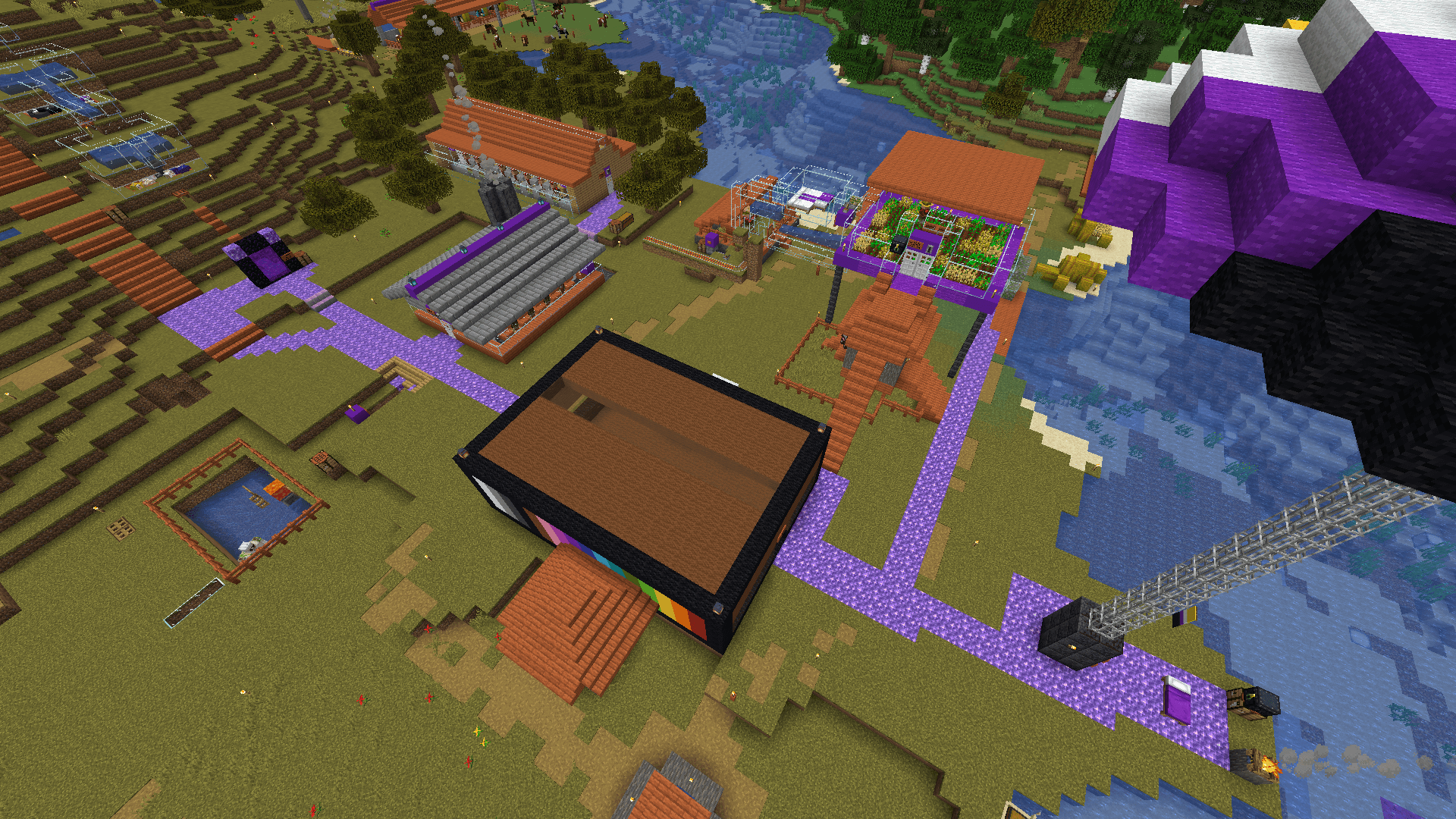 Aerial view of the village. A pathway made of amethyst blocks runs between buildings.