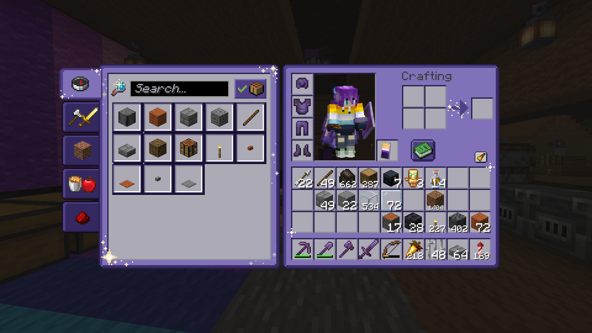 The inventory GUI, recoloured purple by a resource pack. There are decorative stars around the edges and on the crafting arrow.