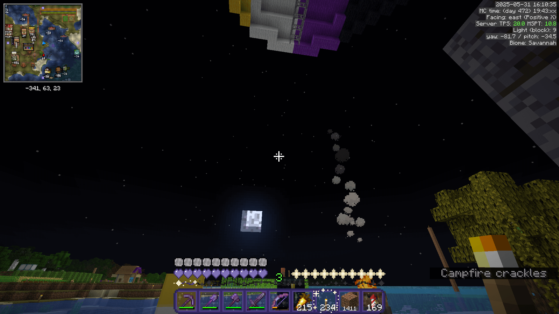 Looking out to the rising moon. The hotbar is purple, with purple hearts, moons, and four-pointed stars.
