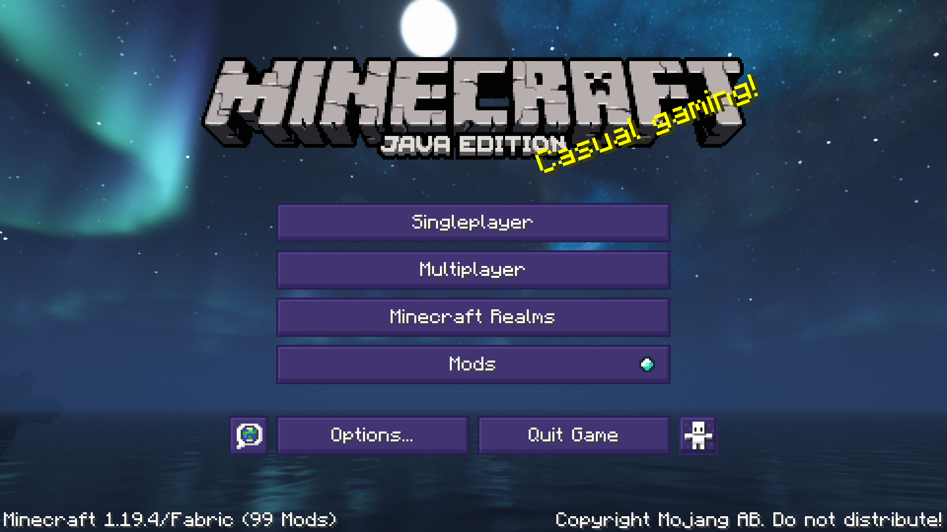 An alternative Minecraft title screen background, featuring an ocean, full moon, stars, and aurora.
