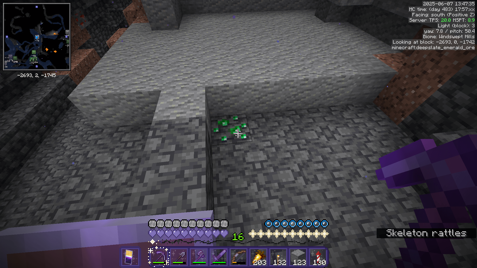 A deepslate emerald ore on the floor of a flooded cave.