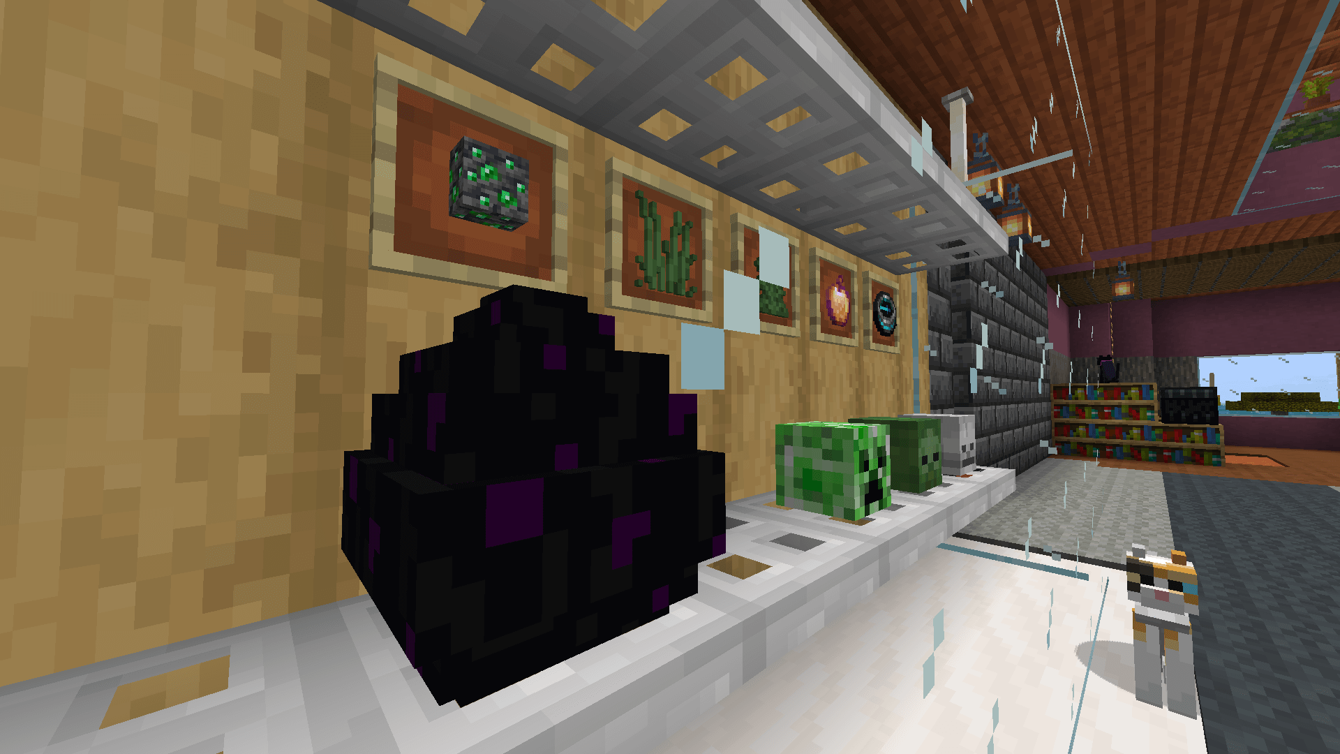 Close up of the trophy cabinet, now with the deepslate emerald ore in an item frame.