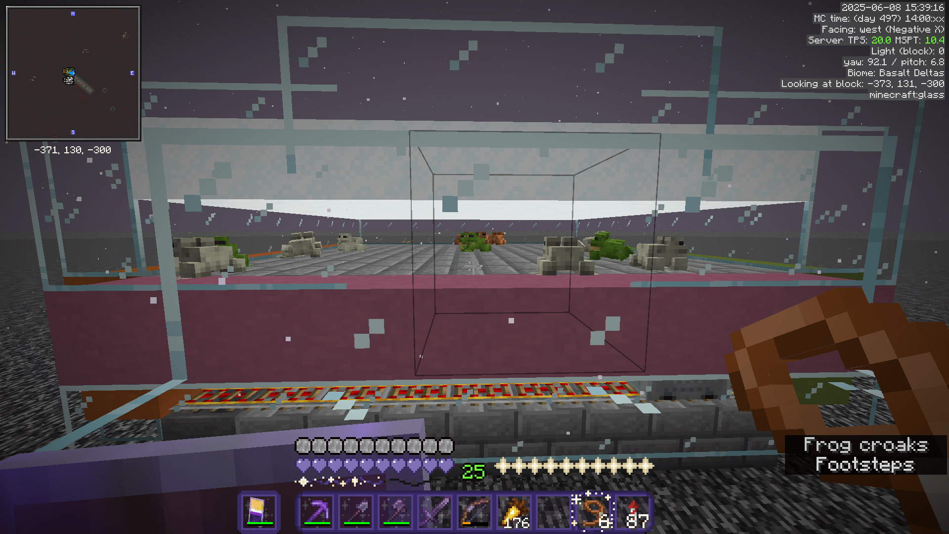 Several frogs of all colours enclosed beneath a layer of powder snow above the nether roof.