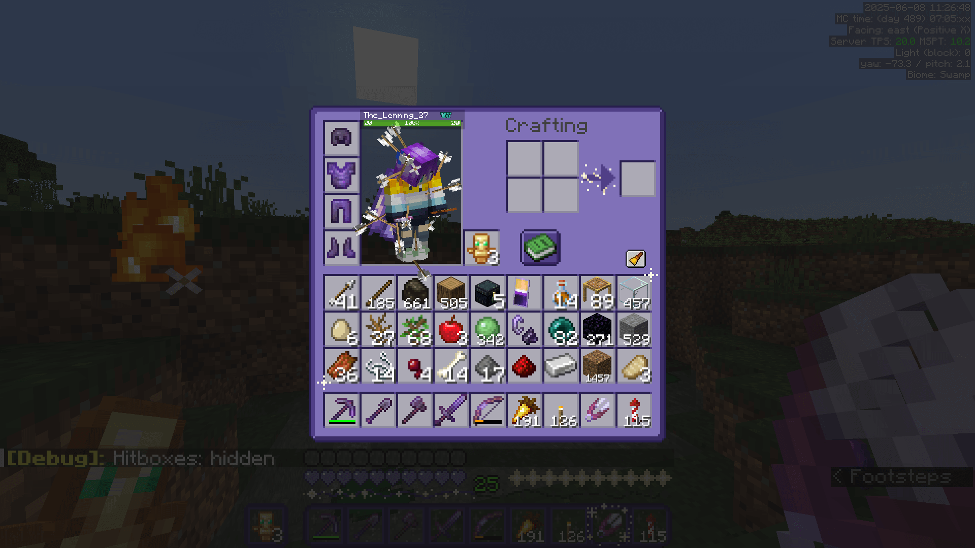 The player inventory, containing a stack of 342 slime balls and various other mob drops. The player model has many arrows stuck in them.