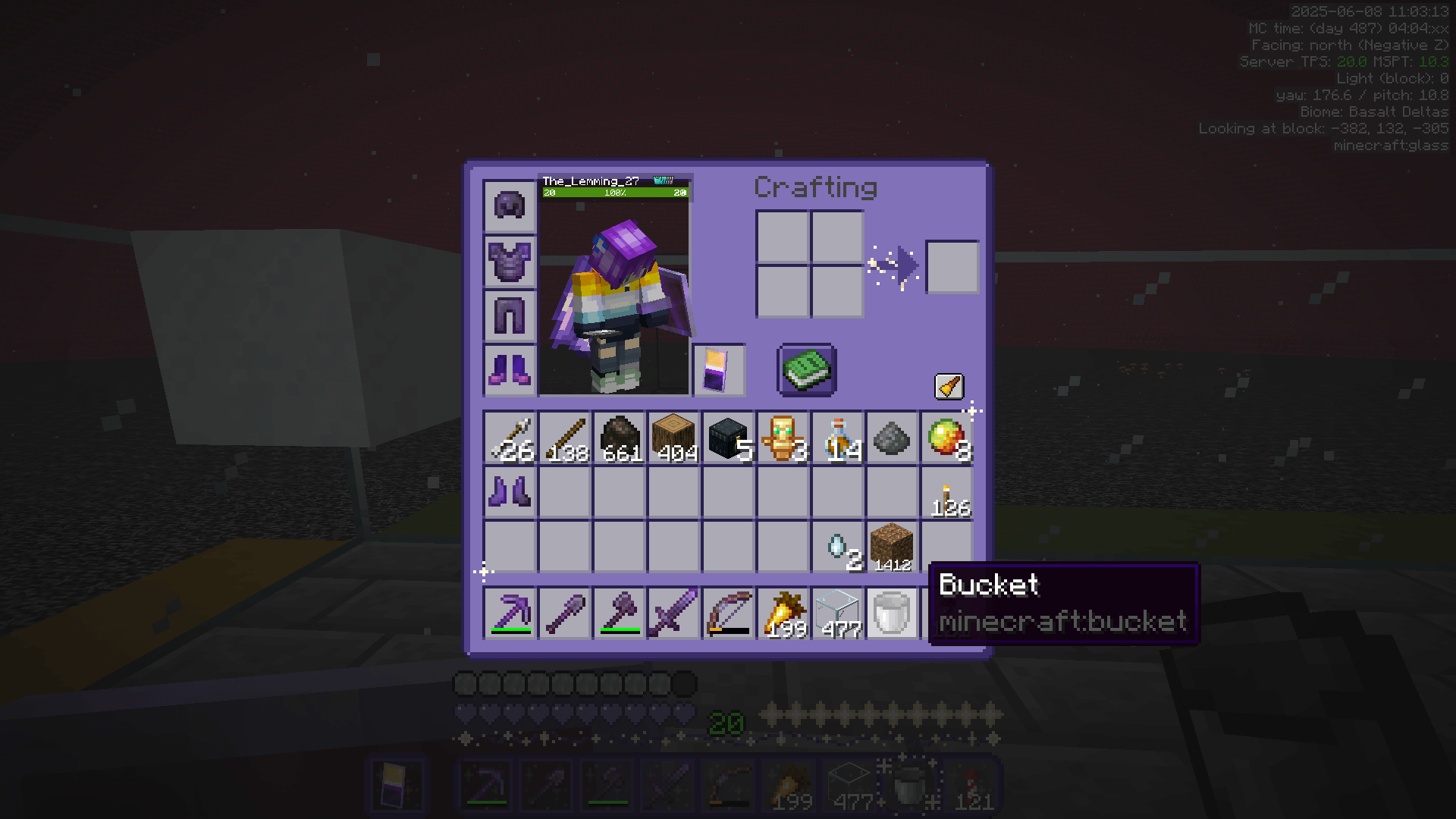 A minecraft inventory, with a single bucket item highlighted. The player is wearing leather boots instead of netherite. In the background, we can see that only one powder snow block has been placed.