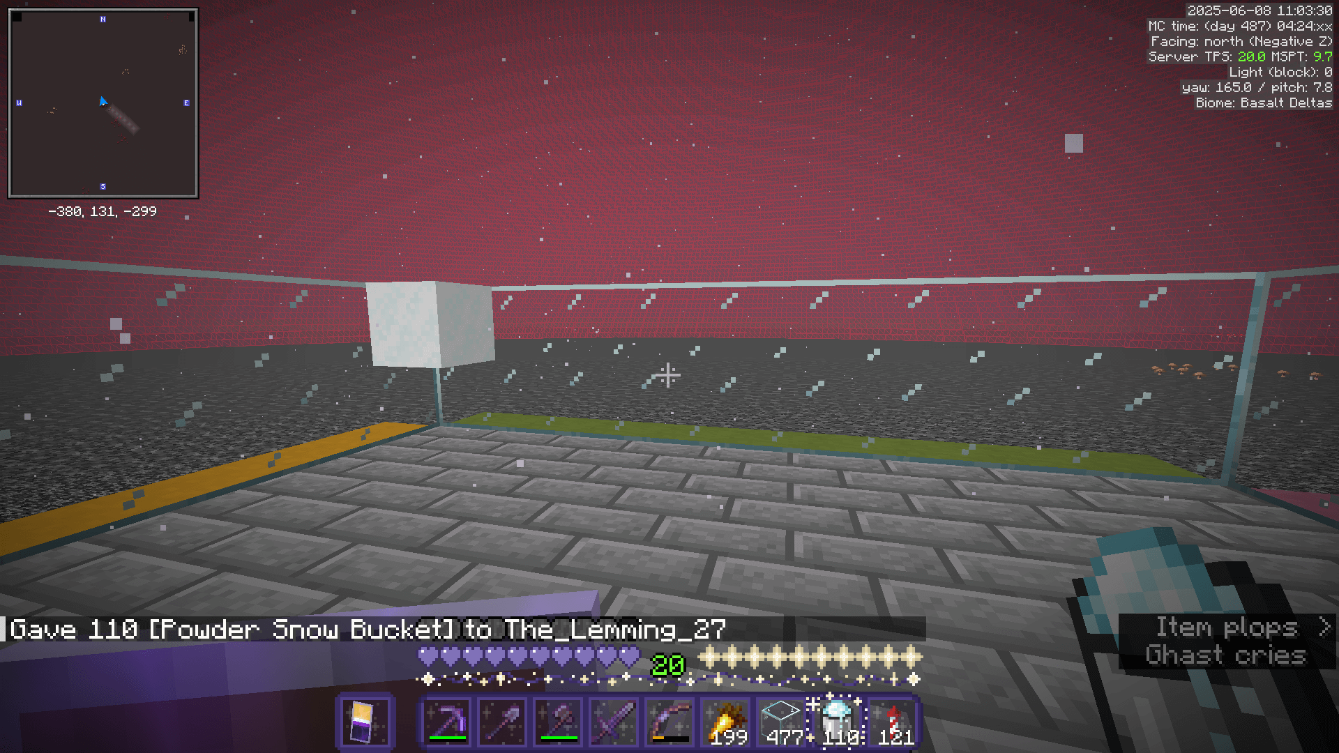 Using commands to give back powder snow items that were lost to a glitch.
