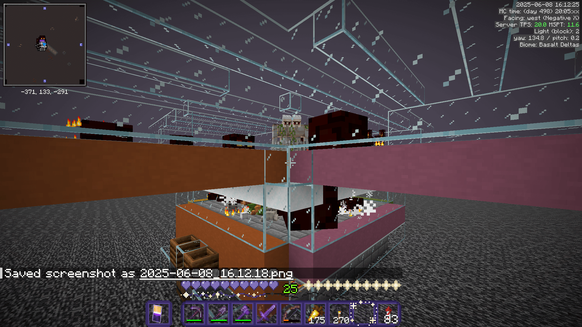 The completed magma cube farm. Magma cubes approach the iron golems in the centre, while the frogs eat the small cubes to produce froglights.