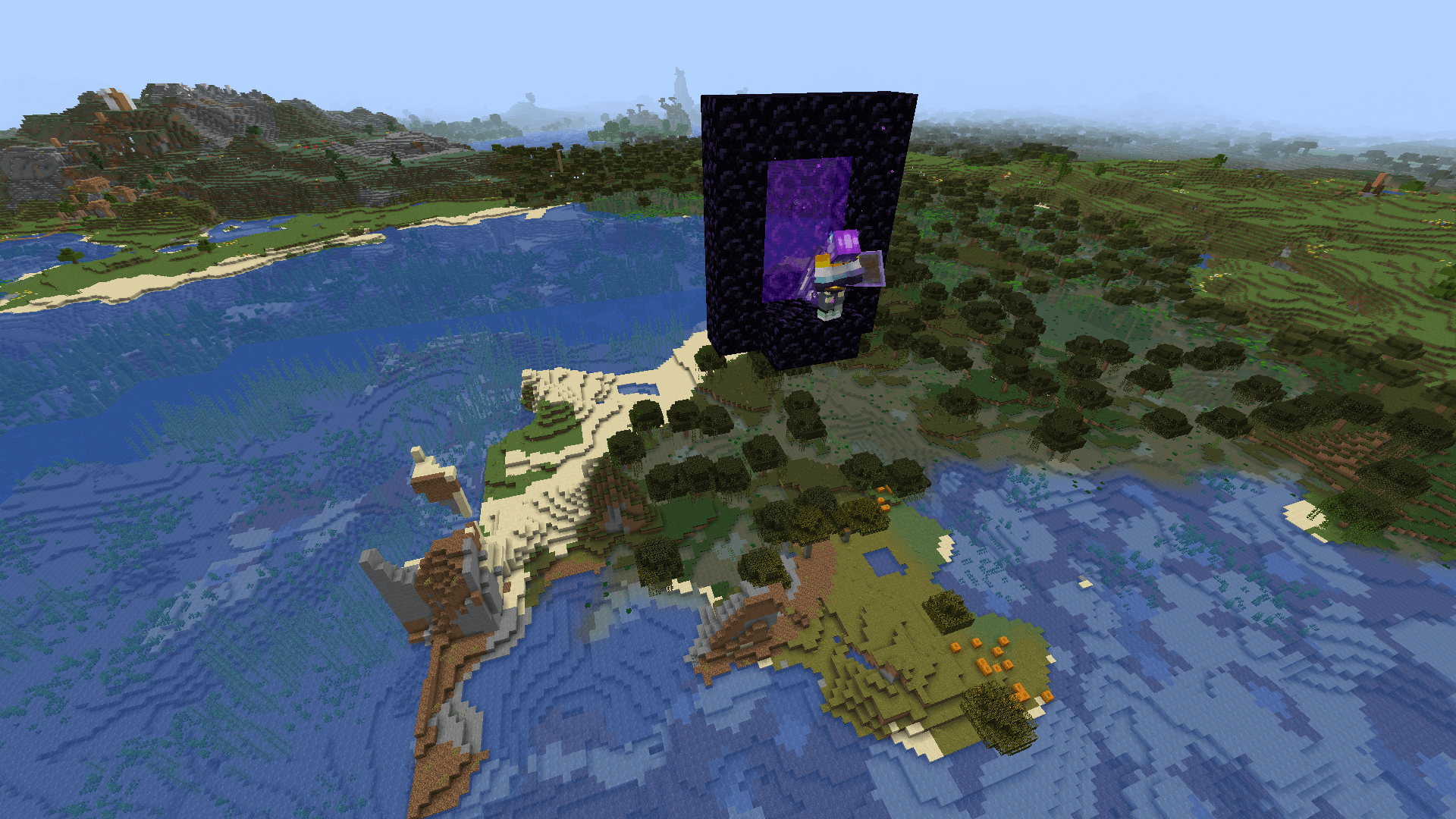 A nether portal in the air over the water in a savanna and swamp region.