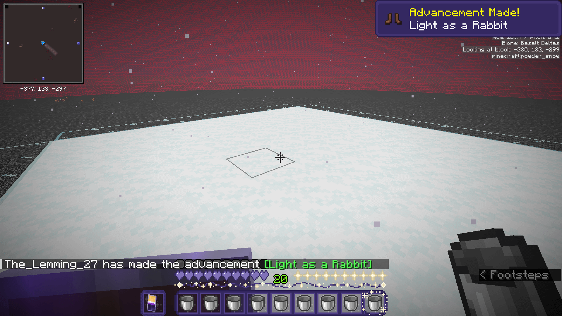 Walking on a platform of powder snow above the nether roof. The player has just gained the 