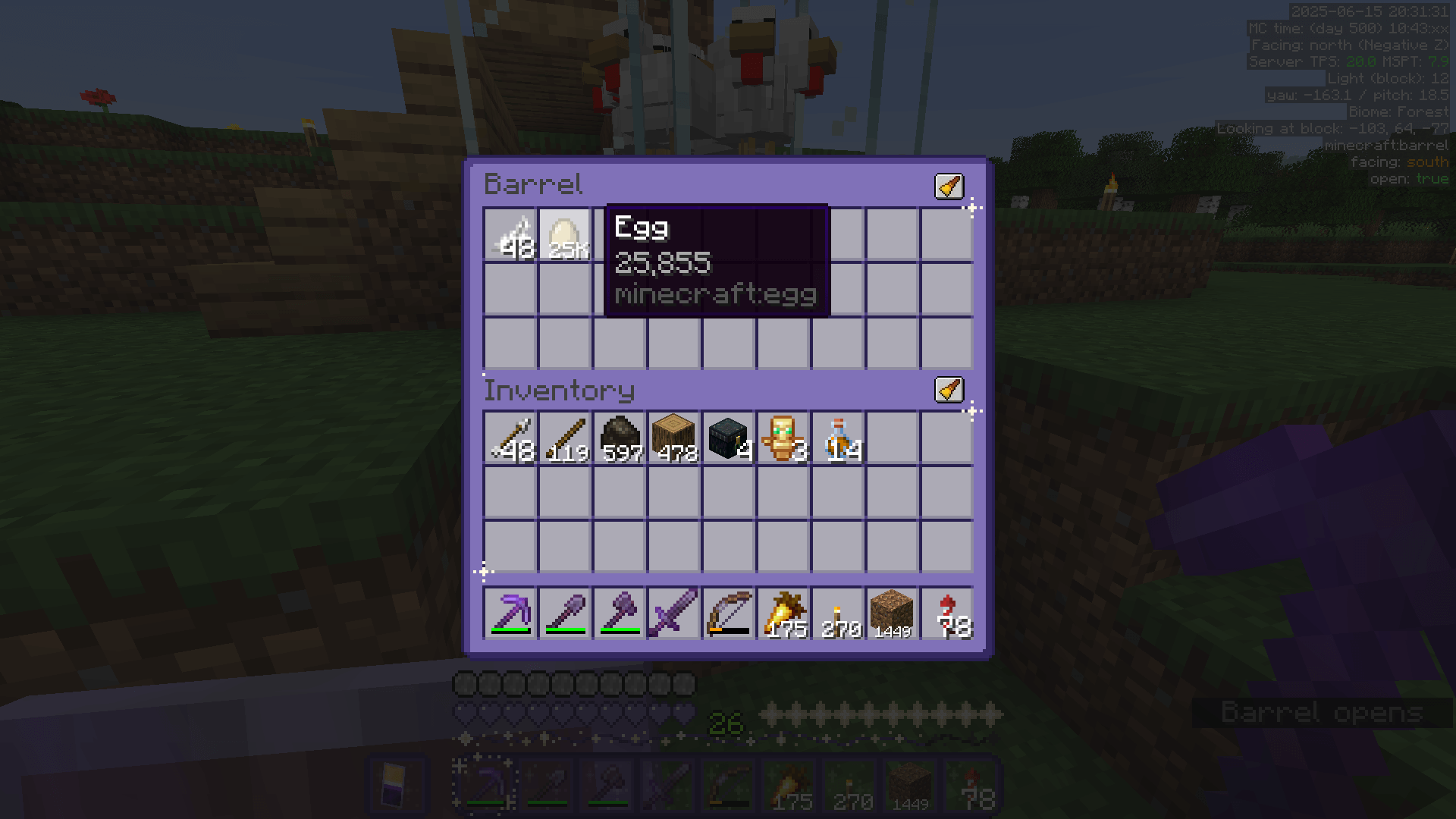 A barrel inventory containing a stack of 25,855 eggs. Behind the GUI, there is a cluster of chickens encased in glass.