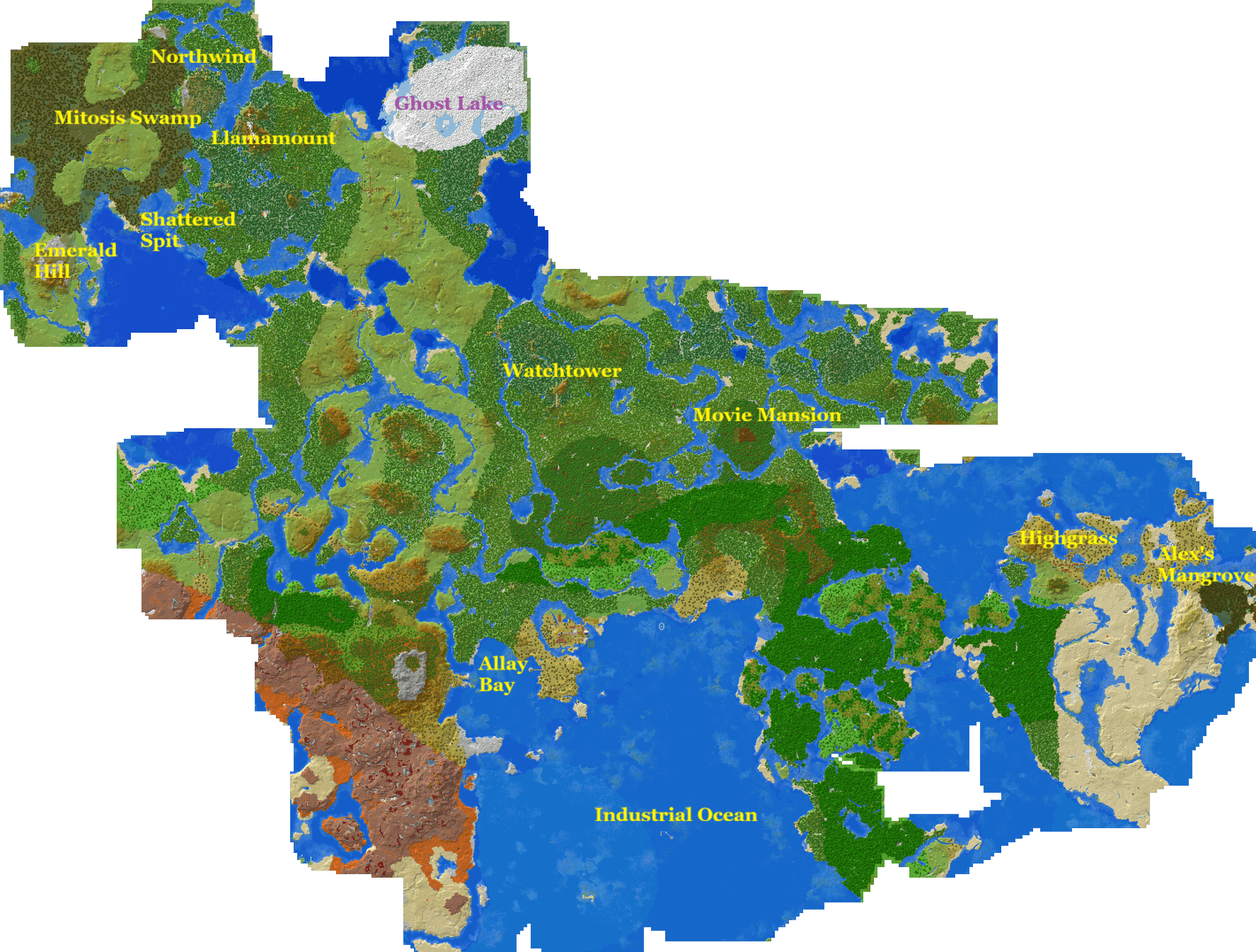 A map of a Minecraft world. There are plains to the northwest, large forests to the north, jungles to the east, ocean to the south, and mountains and mesa to the southwest. Farther away, there is desert to the east, snow to the north, and swamp in the extreme northwest.