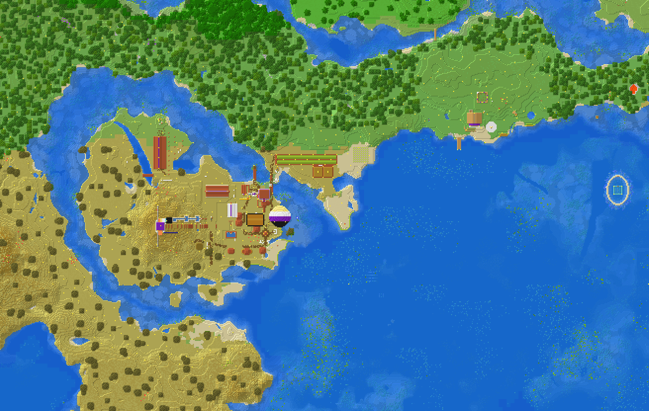 A map of part of a Minecraft world. The left-centre area contains a village with many player-made structures. The upper edge of the map is oak forest, with a small clearing and building in the centre-right. The lower-right is ocean, with a ring-shaped structure to the right.