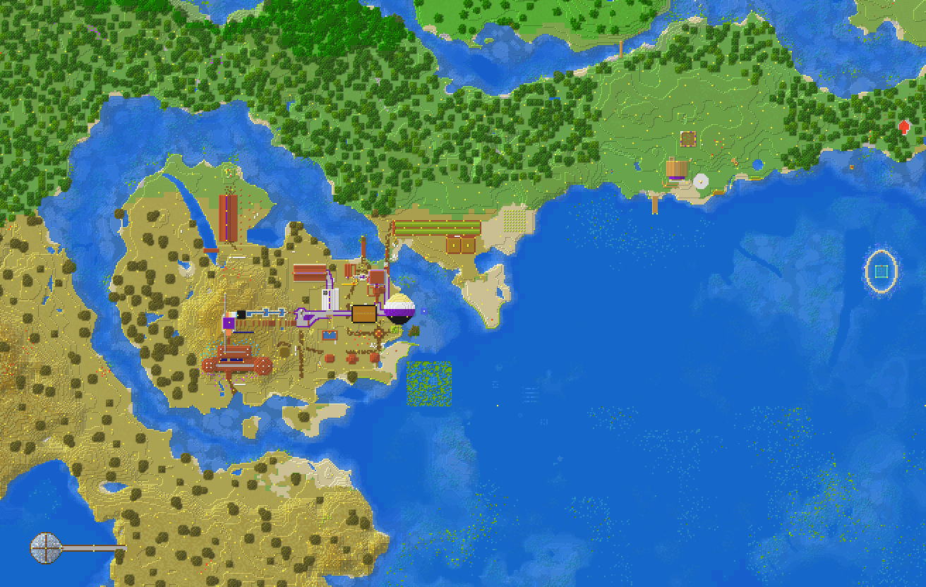 A map of part of a Minecraft world. The left-centre area contains a village with many player-made structures. The upper edge of the map is oak forest, with a small clearing and building in the centre-right. The lower-right is ocean, with a ring-shaped structure to the right.