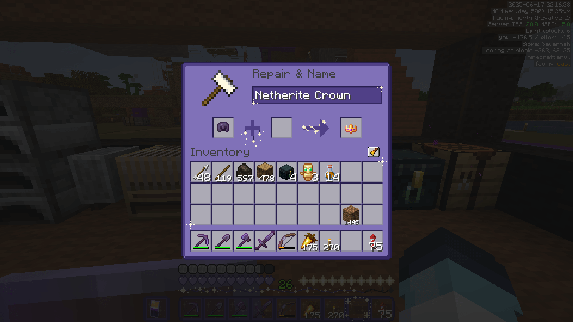 Renaming a netherite helmet to Netherite Crown in the anvil to change it to a modded crown item.