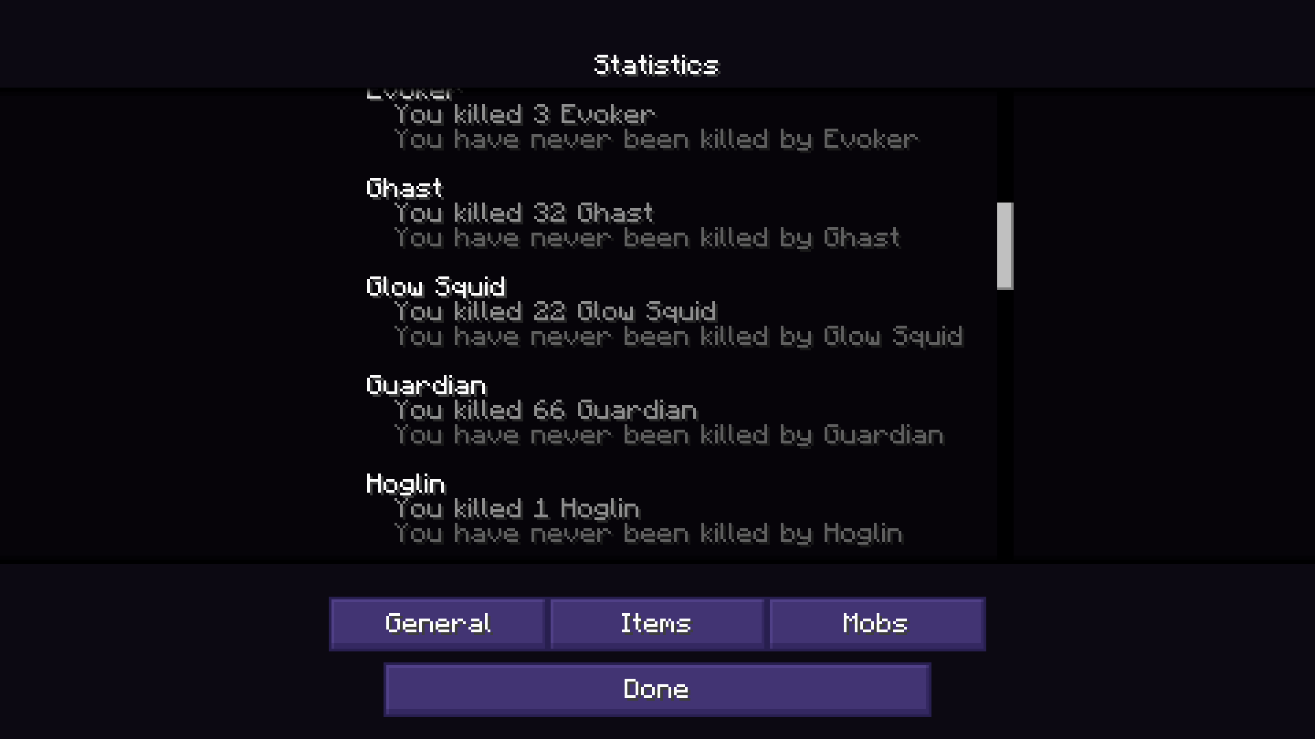 The mob stats page, showing that the player has killed 1 hoglin.