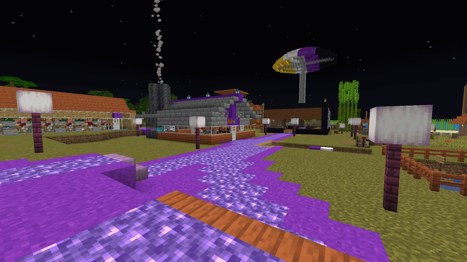 A path of amethyst and purple concrete, flanked by lamp posts made from crimson fences and pearlescent froglights.