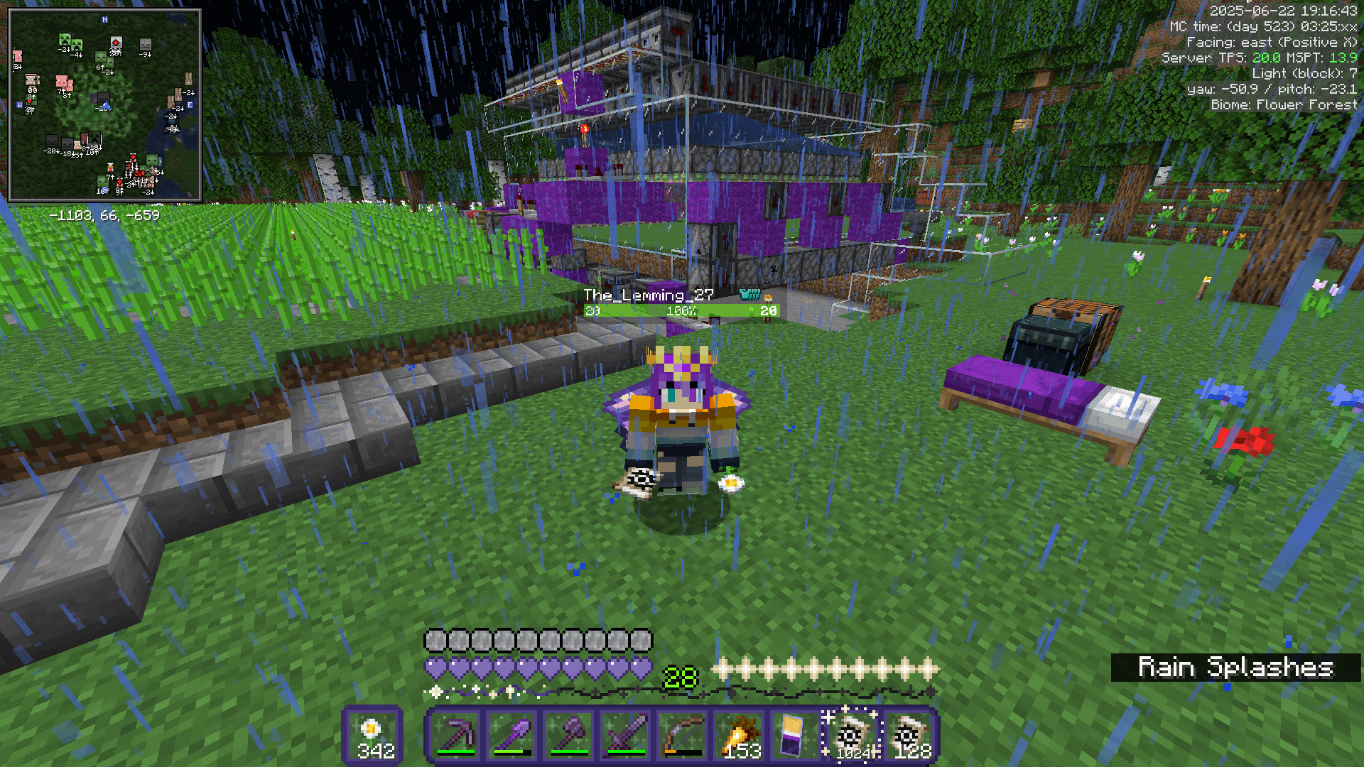 Ela stands in front of a sugarcane field and a redstone contraption, holding a flower banner pattern in one hand and an oxeye daisy in the other.