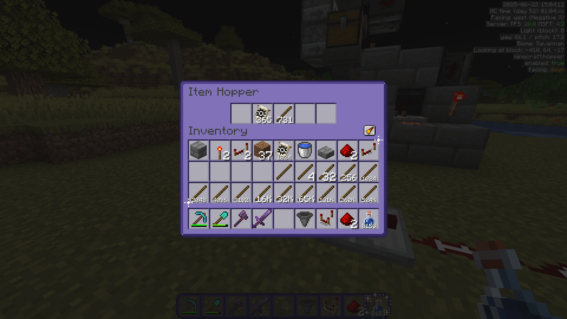 A hopper containing 365 flower banner patterns and 731 sticks. The comparator outputs a signal of 1.