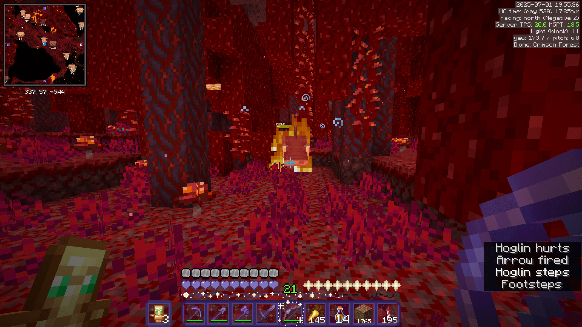 A hoglin in the crimson forest, on fire and under the effect of Slowness.