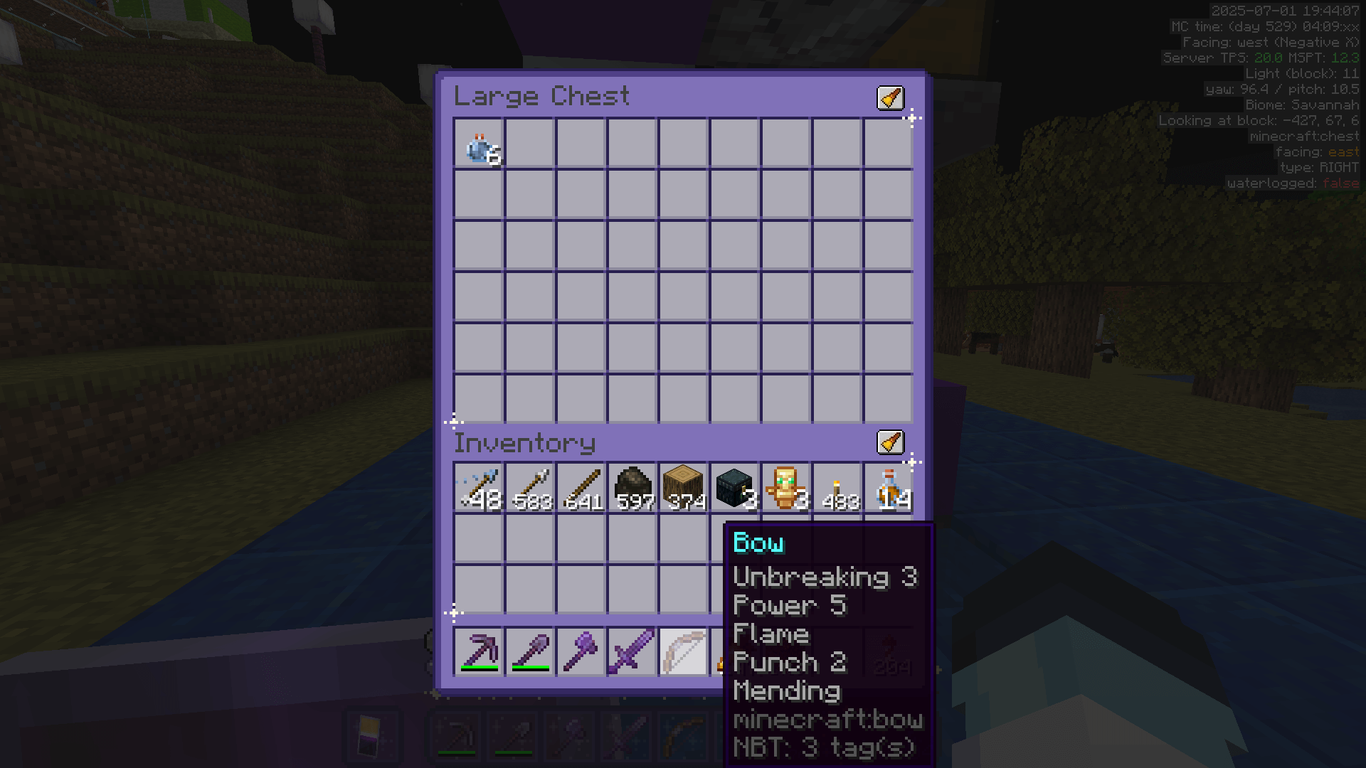An inventory and chest GUI. Highlighted is a fully enchanted Mending bow. There is also a stack of 48 slowness tipped arrows in the inventory, and six lingering slowness potions in the chest.