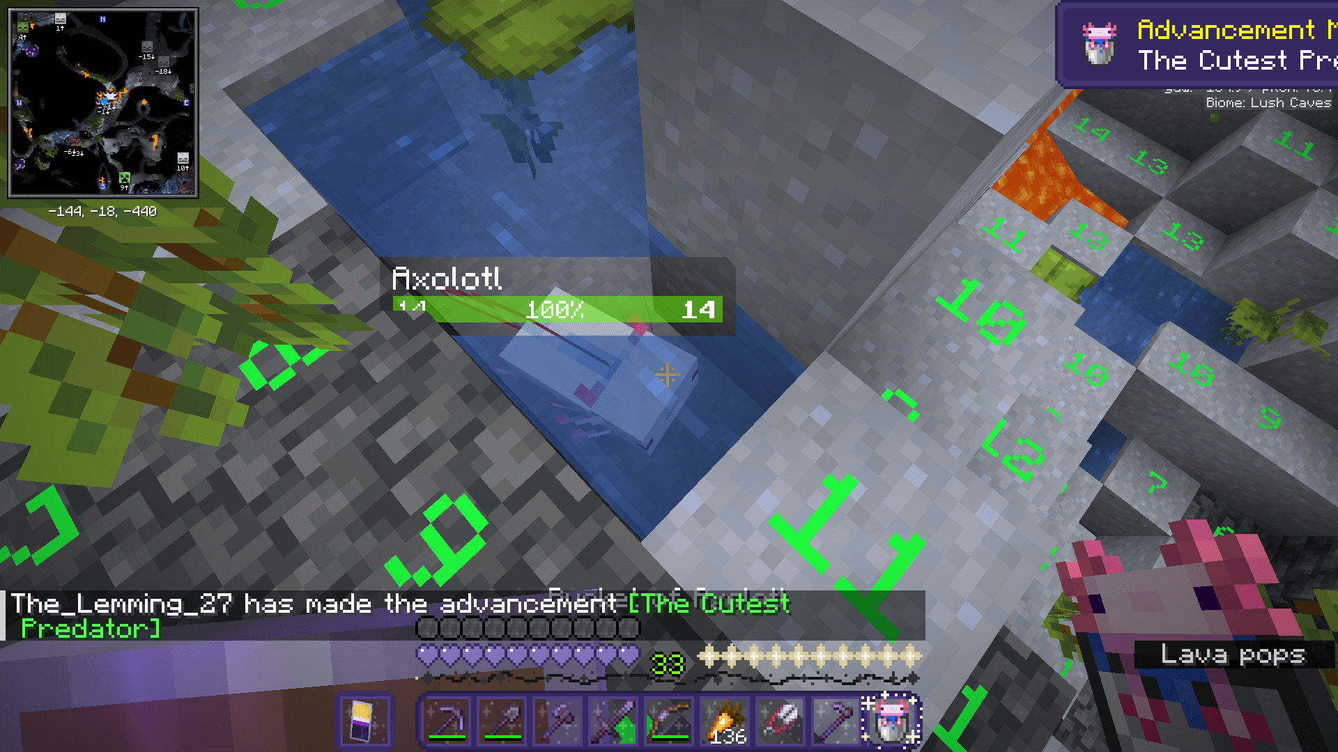 Looking at an axolotl in a small clay pool. The player is holding an axolotl in a bucket and has just gained the 'The Cutest Predator' advancement.