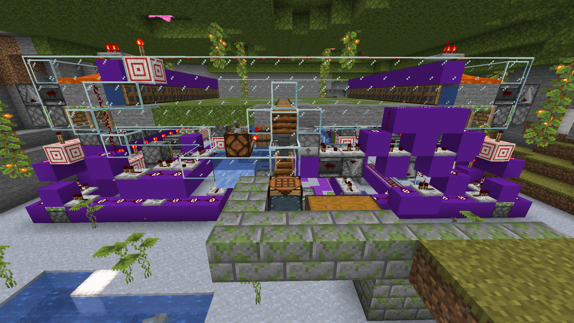 A hand-built lush cave area in a savanna biome, with a moss bonemeal farm inside.