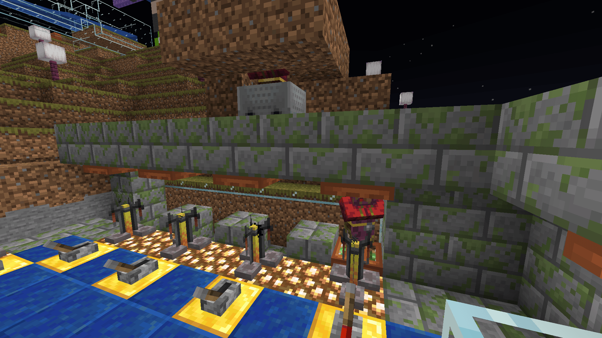 A row of four brewing stands in a trading hall setup, with a cleric villager placed at one of them. A minecart rests on the top of the wall with the next villager inside, surrounded by dirt blocks.
