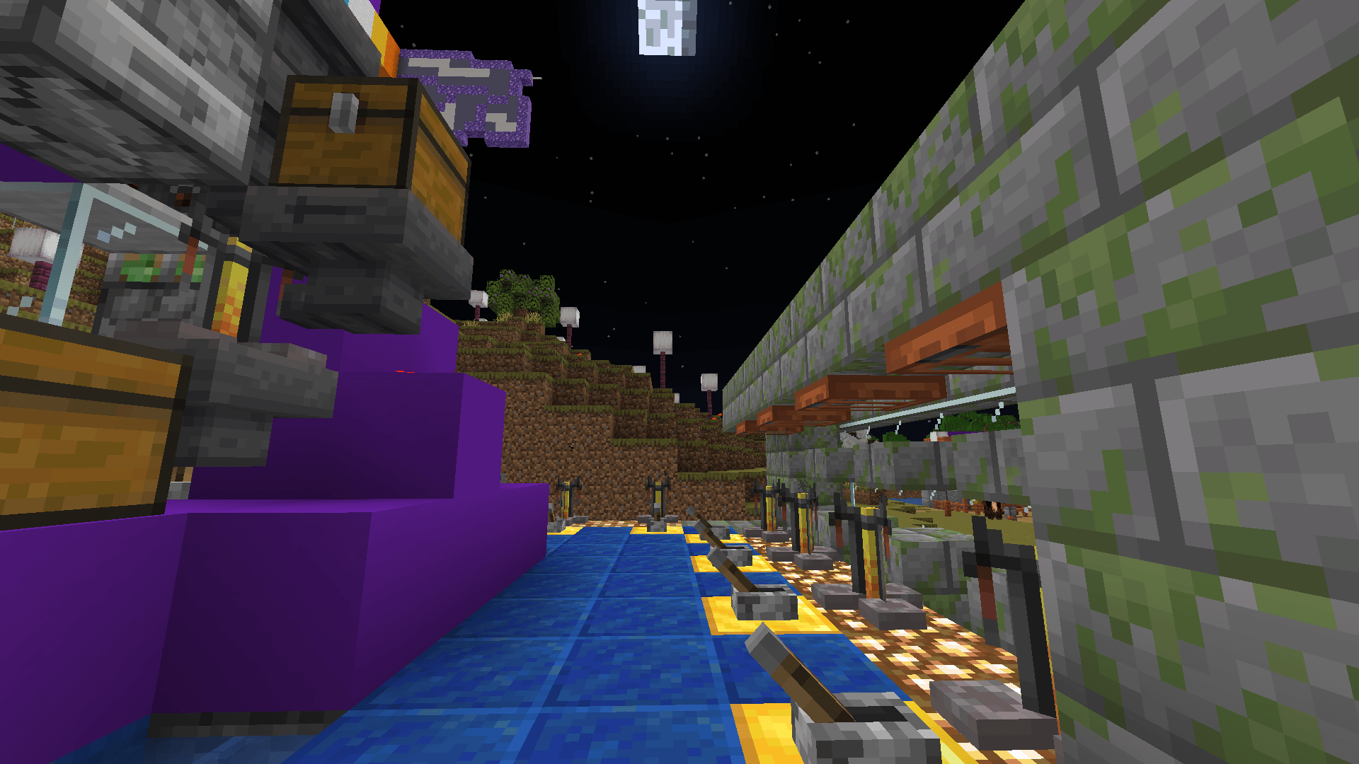 A cleric villager trading hall under construction. The wall is made of mossy stone bricks, while the floor is a combination of lapis lazuli, gold, and glowstone blocks.