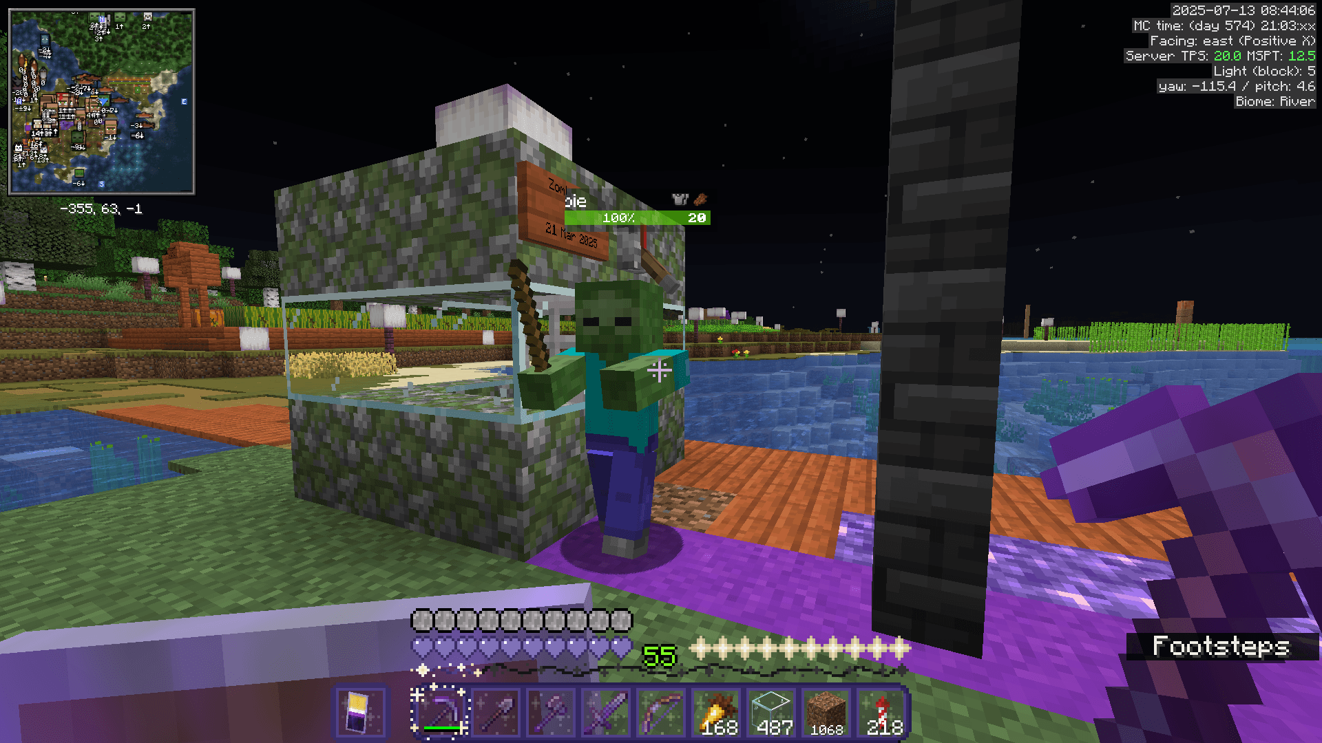 A zombie holding a stick emerges from a mossy cobble box, under cover of darkness.