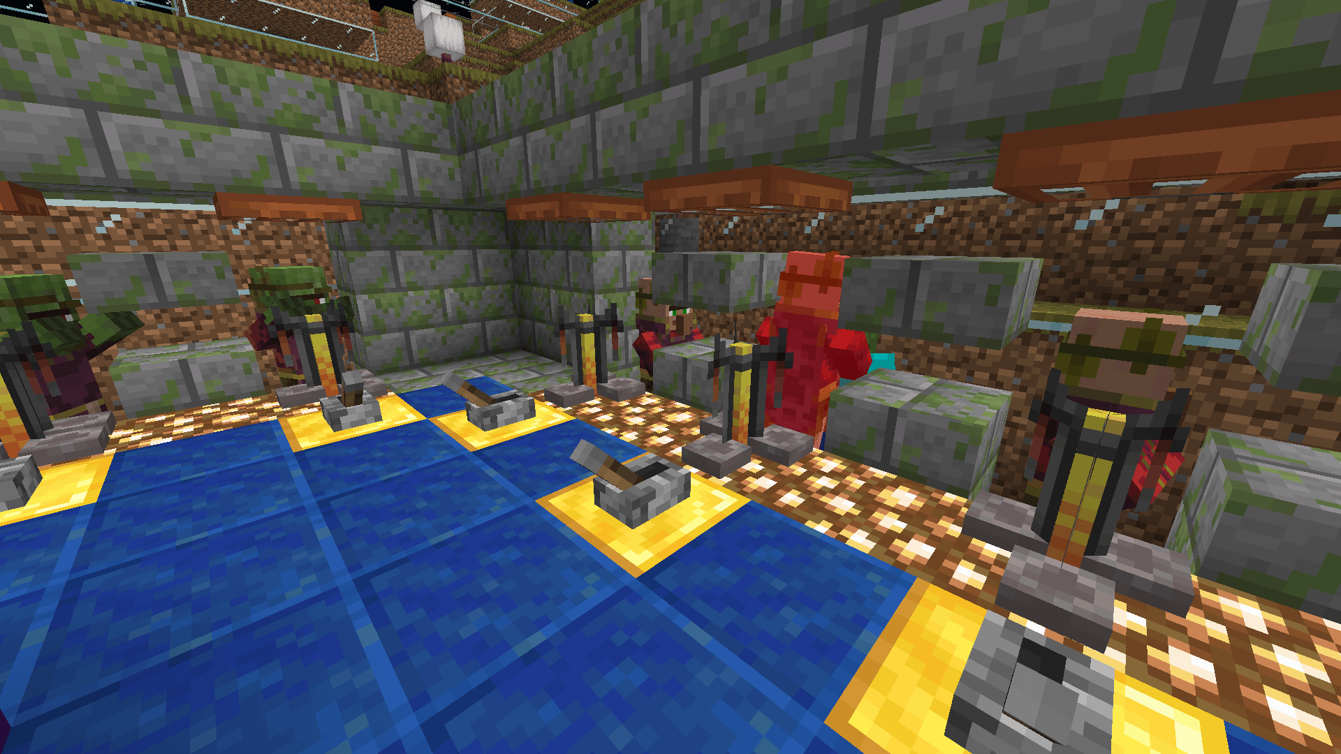 A zombie attacks a villager in the trading hall. Two clerics and two zombie clerics look on from their stations.