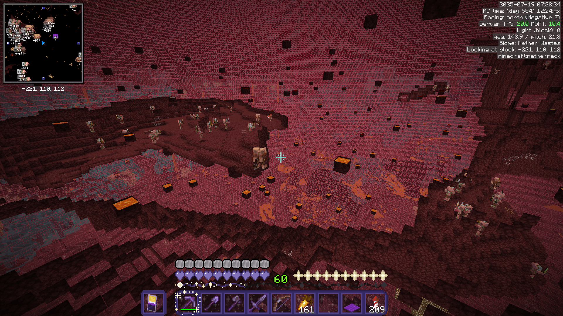 Freecam view of some netherrack tunnels below the nether roof, densely populated with piglins and zombified piglins.