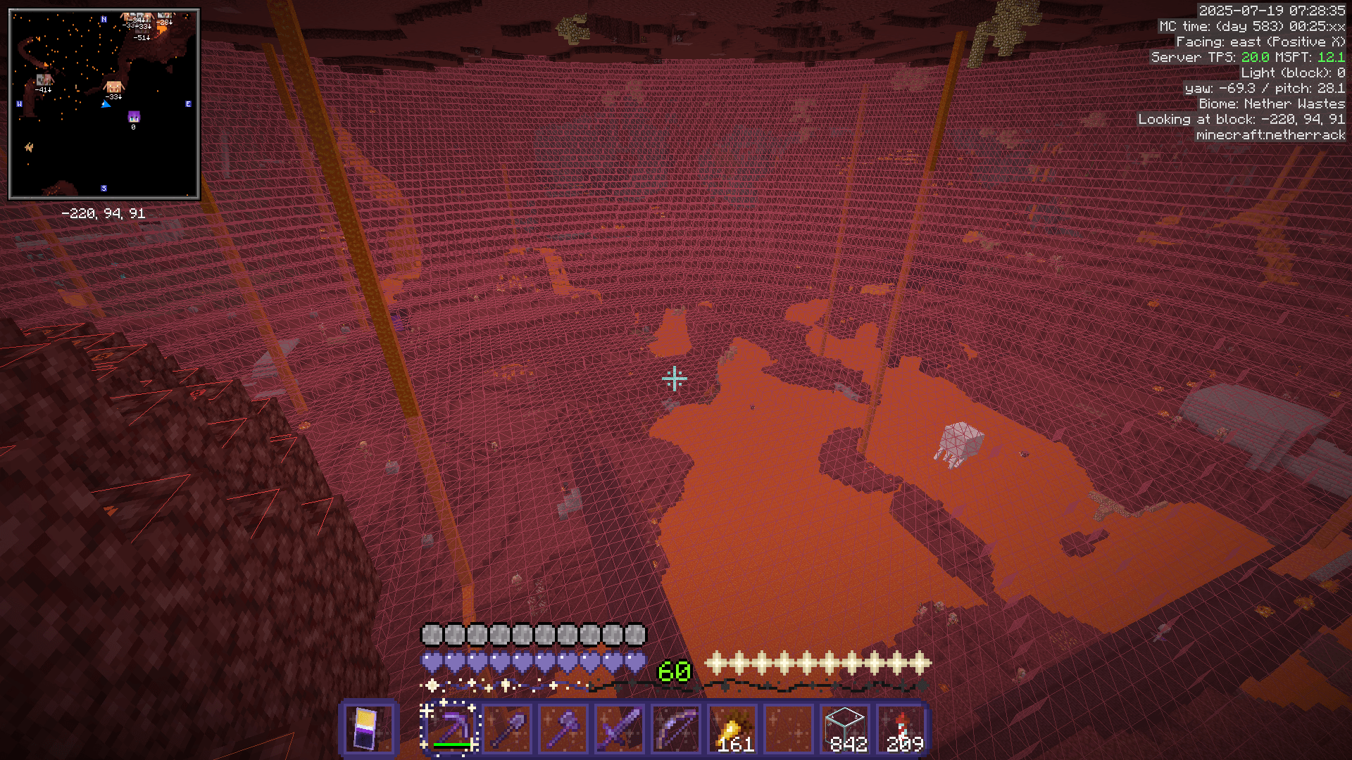 A MniHUD despawn sphere in the nether wastes. Most of the land, including the fortress, is below the sphere, with just a few blocks in the foreground being within the despawn radius.