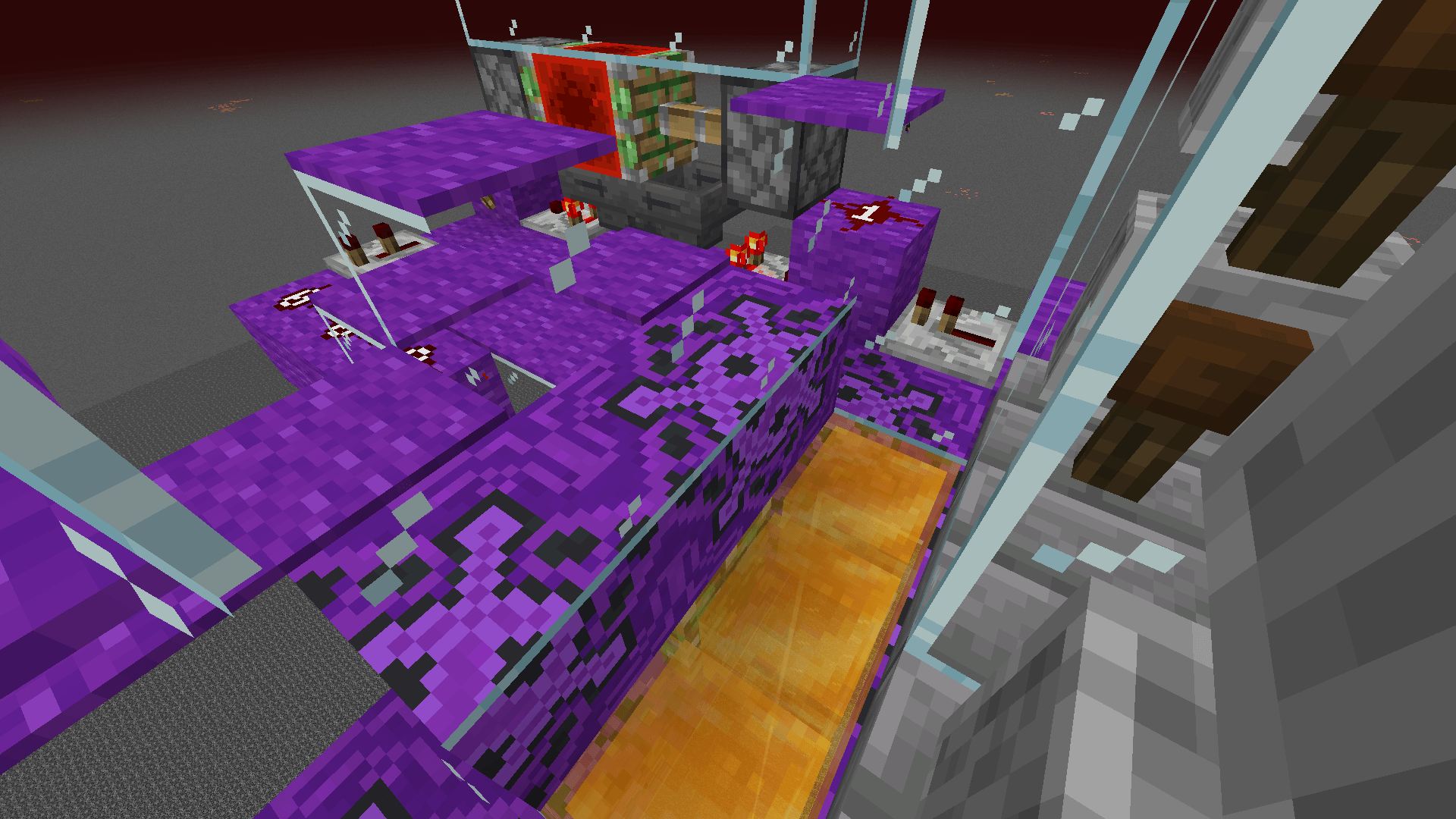 A redstone circuit built high over the nether roof, including an Etho hopper clock.