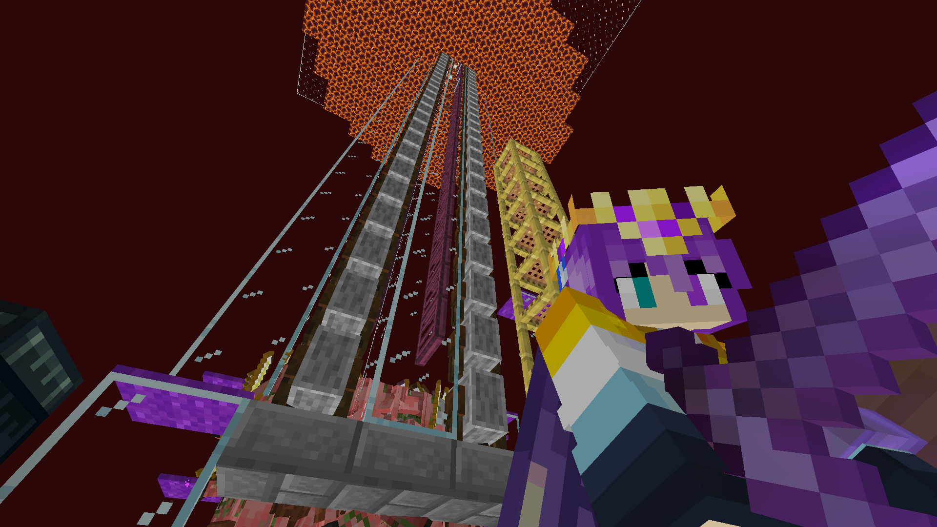 Ela stands in front of the gold farm wielding a netherite sword. A large number of zombified piglins are trapped in the farm.