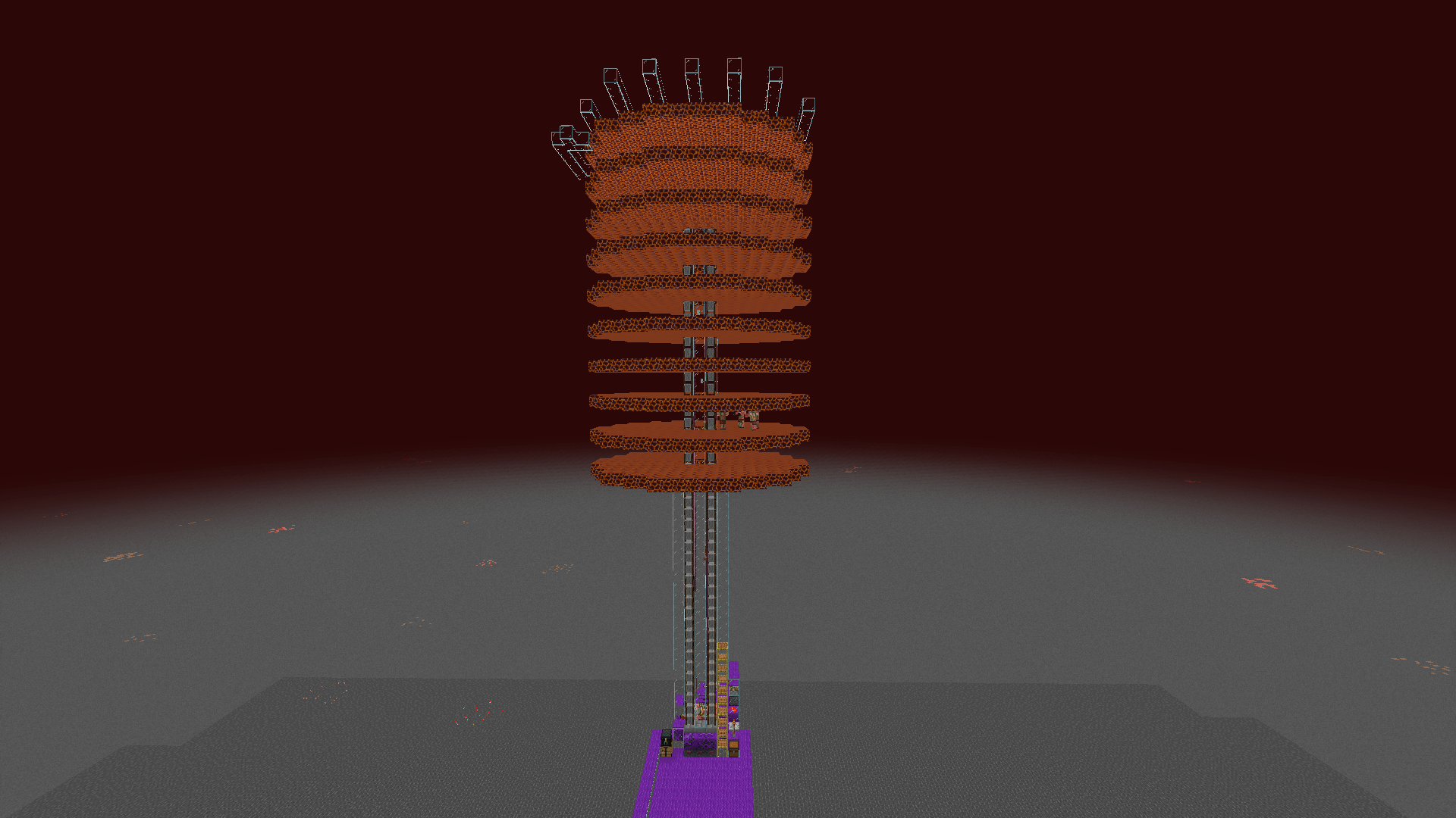 A gold farm, consisting of many layers of magma blocks built above the nether roof. Some zombified piglins can be seen wandering into the centre.