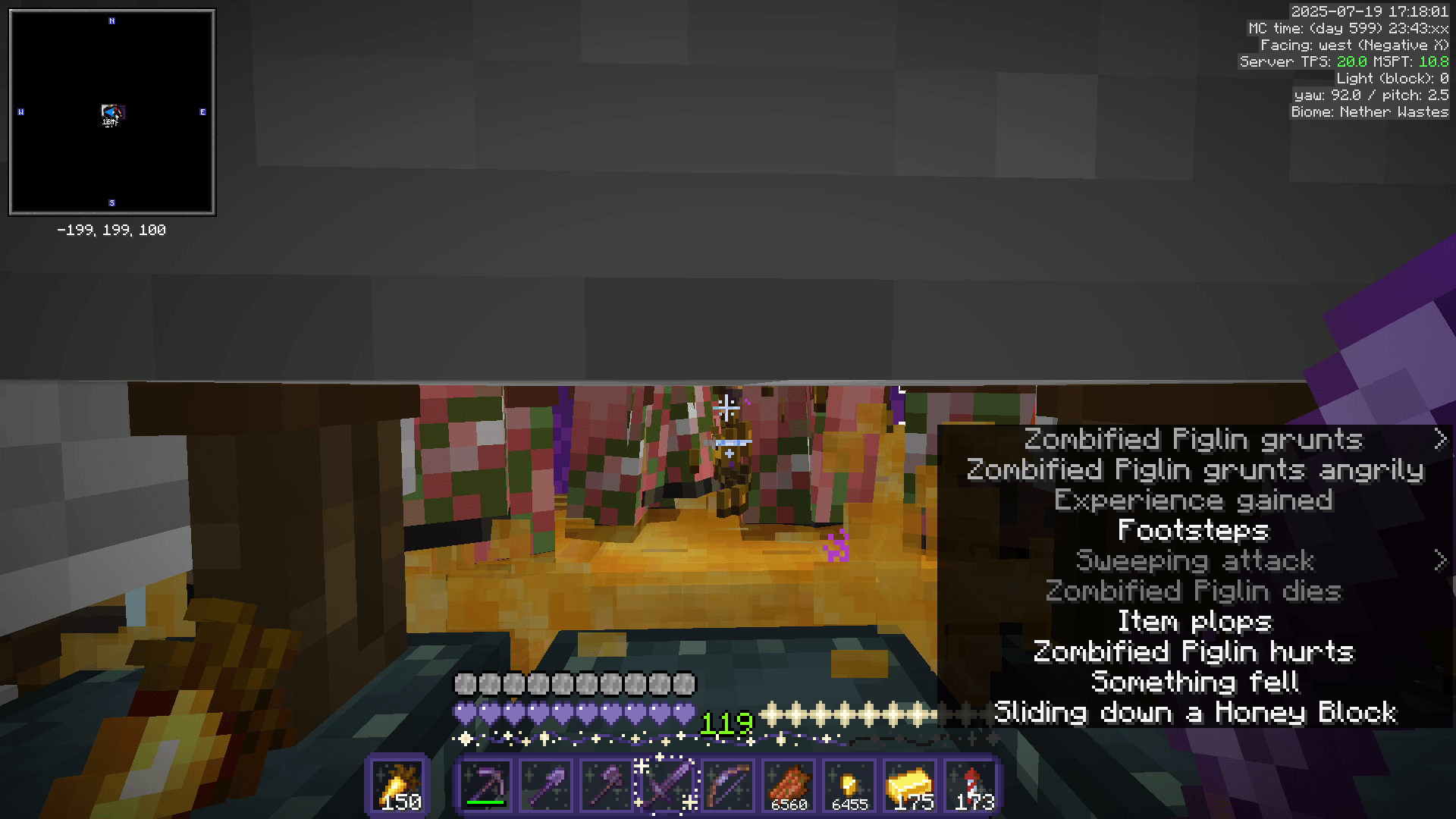 Standing in front of several trapped zombified piglins. In the hotbar are large stacks of rotten flesh, gold niggets, and gold ingots.