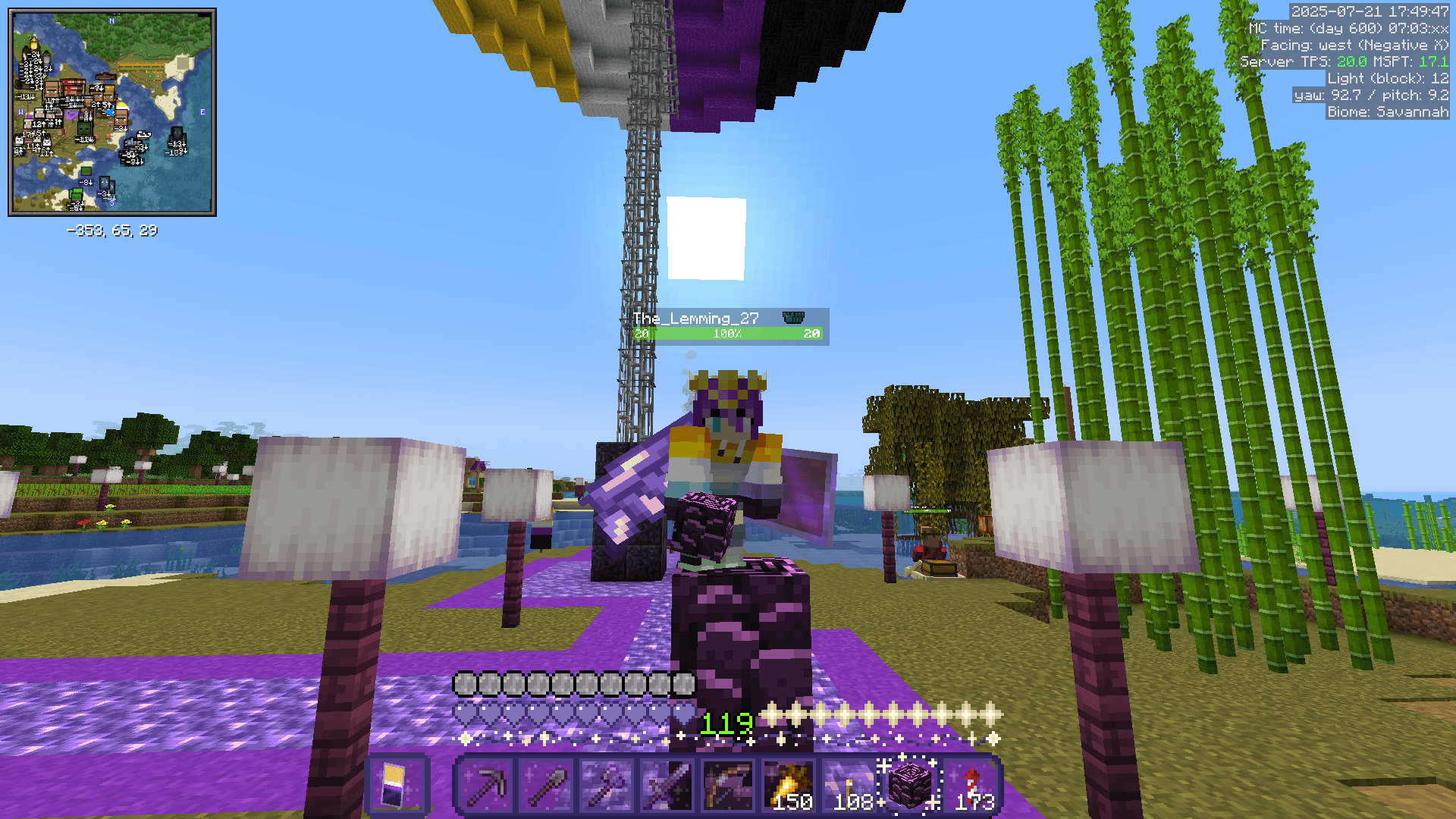 Ela stands on a small pillar of ancient debris blocks, which are coloured purple by a texture pack. It is the morning of day 600, as indicated by the HUD.