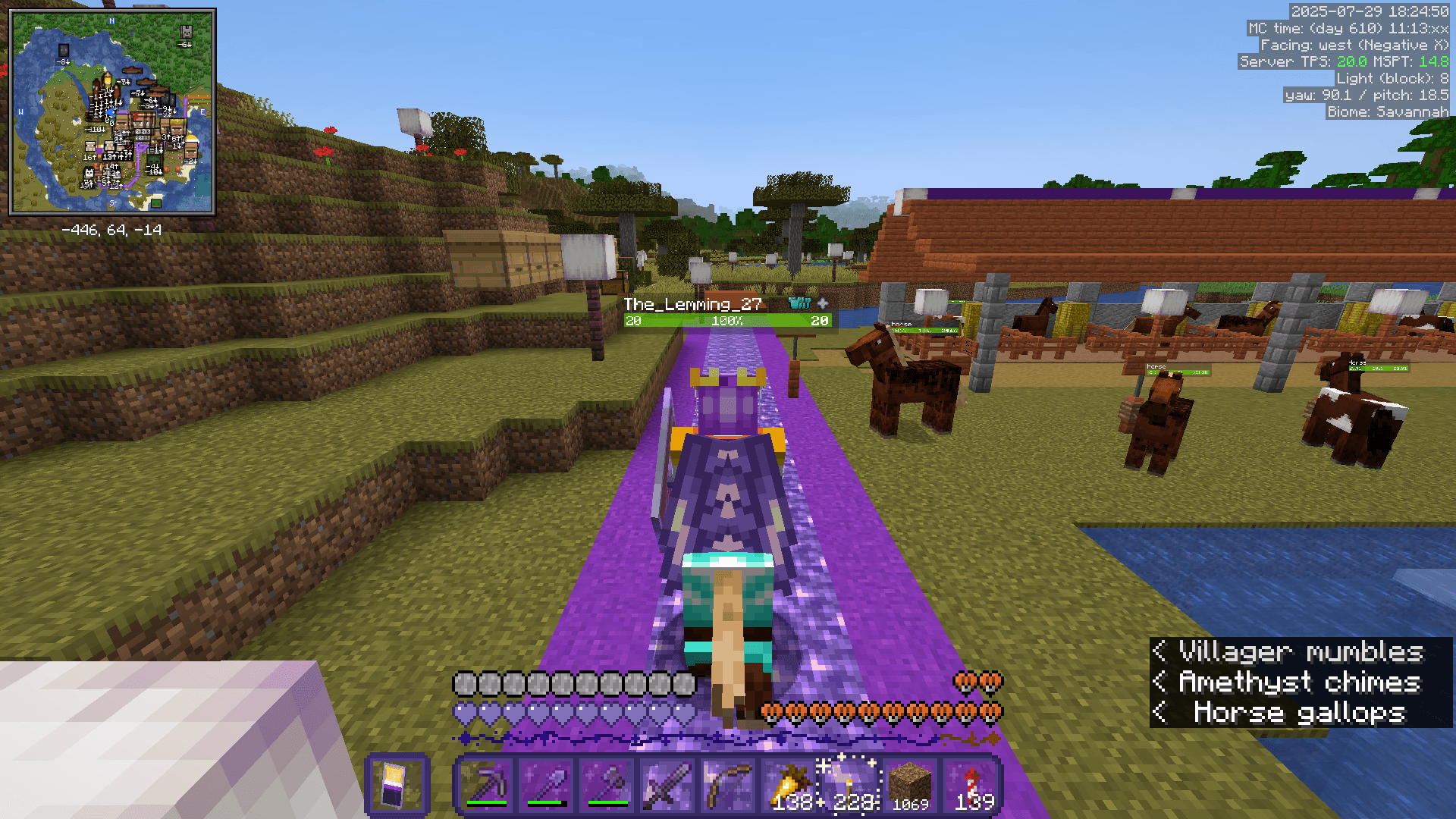 Ela rides a horse on the amethyst road, by the stables.