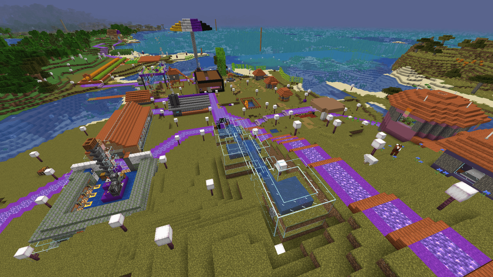 Various purple concrete and amethyst roads running from the nether portal to locations around the village.