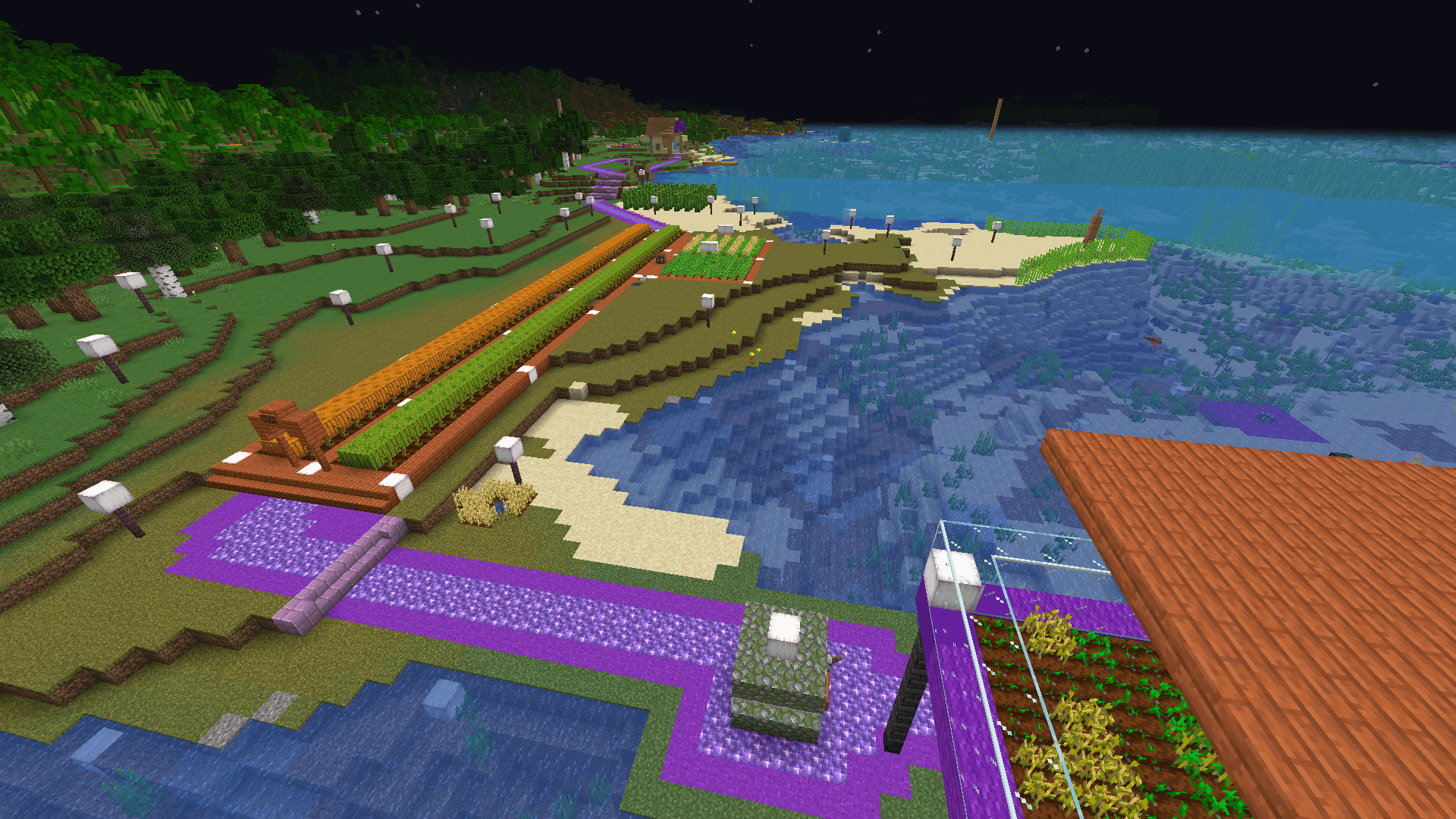 A short stretch of purple concrete and amethyst road running from a villager breeder to a pumpkin/melon farm.