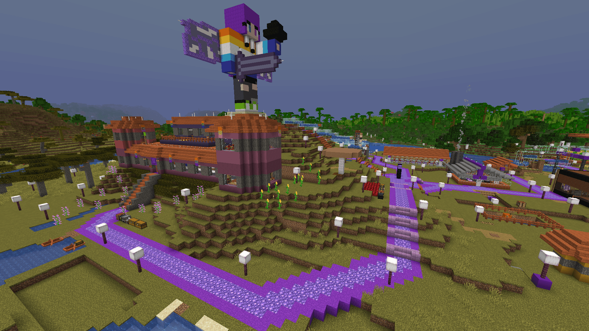 A curved section of purple concrete and amethyst road connecting the nether portal with the main house.