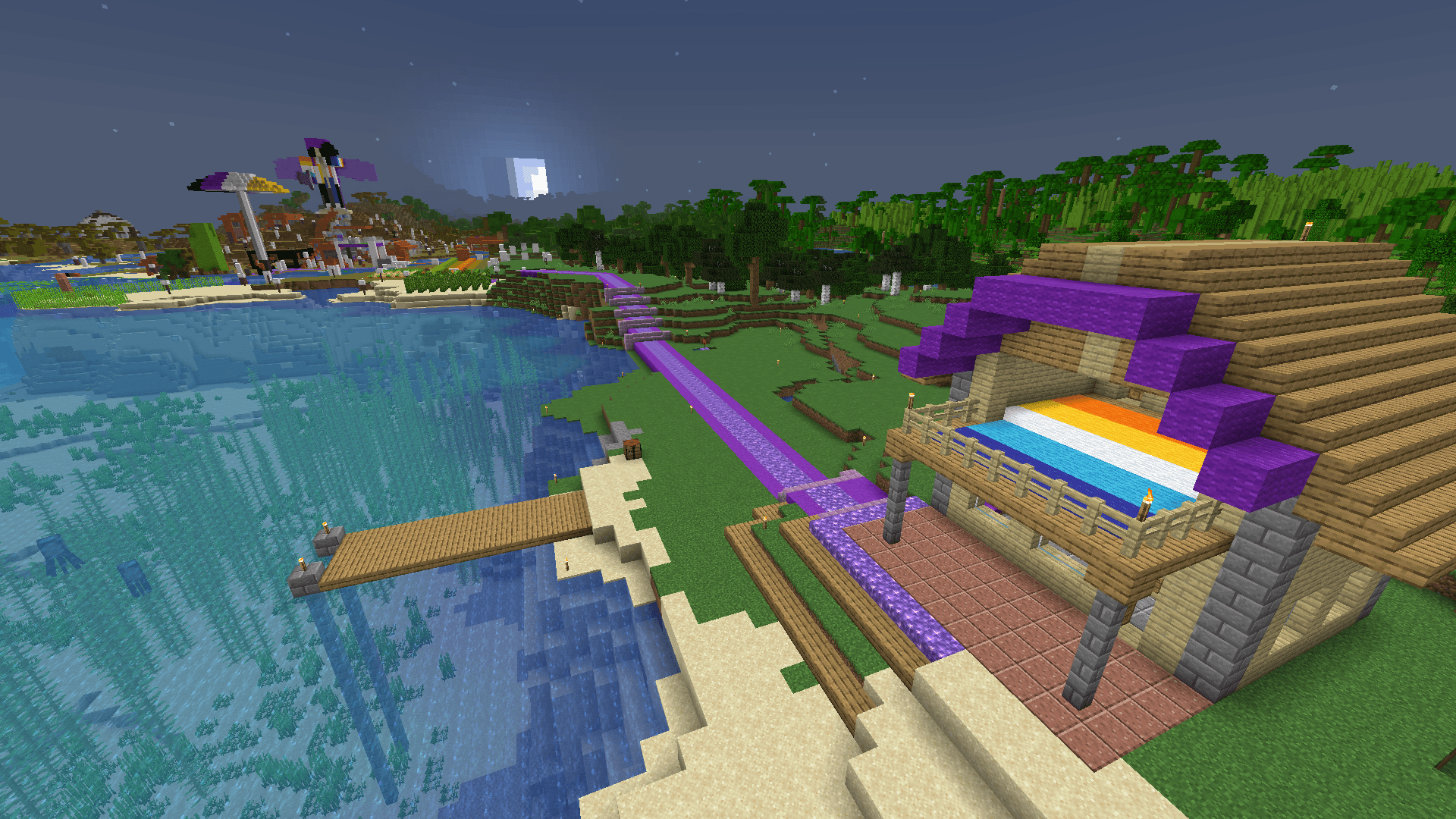 An oak and wool house, with a straight piece of purple concrete and amethyst road leading into the distance.