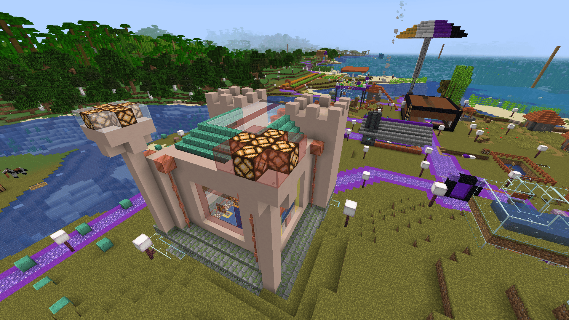 Aerial view of the back of the church, showing the copper/glass roof, redstone lamps on the corners, and copper pipes running down the walls.