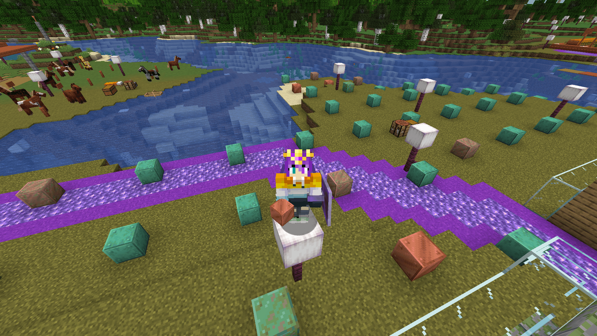 Ela stands on a froglight lamp post holding a copper block. Many copper blocks are laid out on the ground to oxidise.