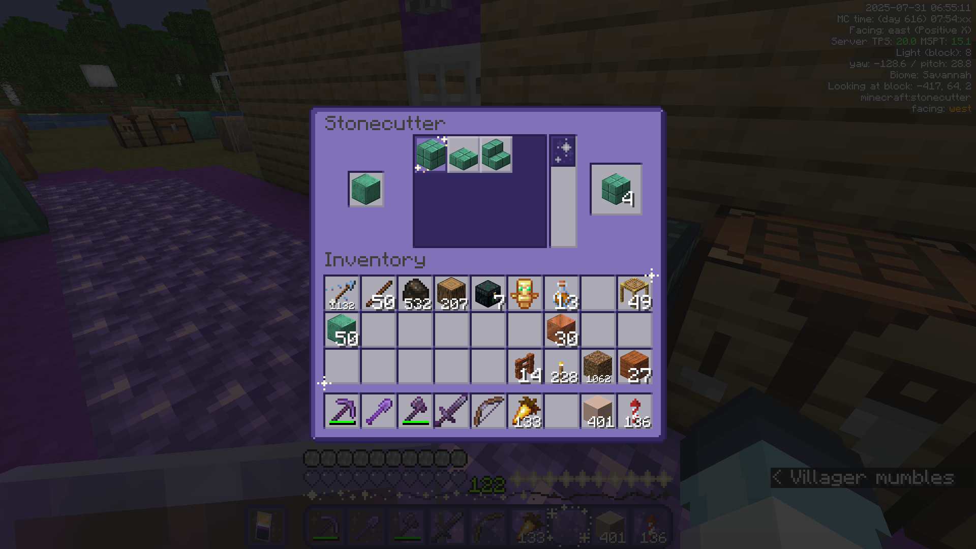 Using the stonecutter to convert one copper block into four cut copper blocks.