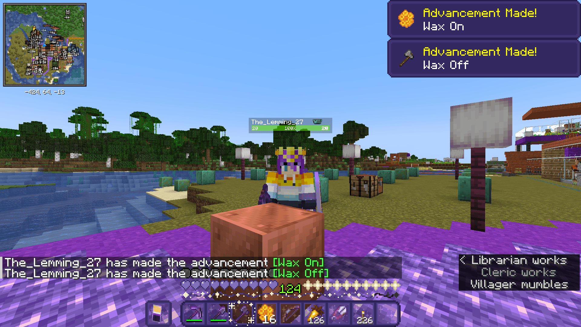 Ela gets the Wax On and Wax Off advancements by using honeycomb and an axe on a copper block.