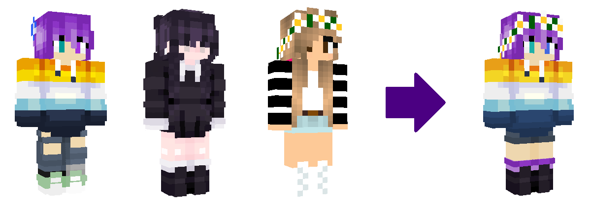 Four different minecraft skins, arranged to show how parts of the first three contribute to the design of the fourth.