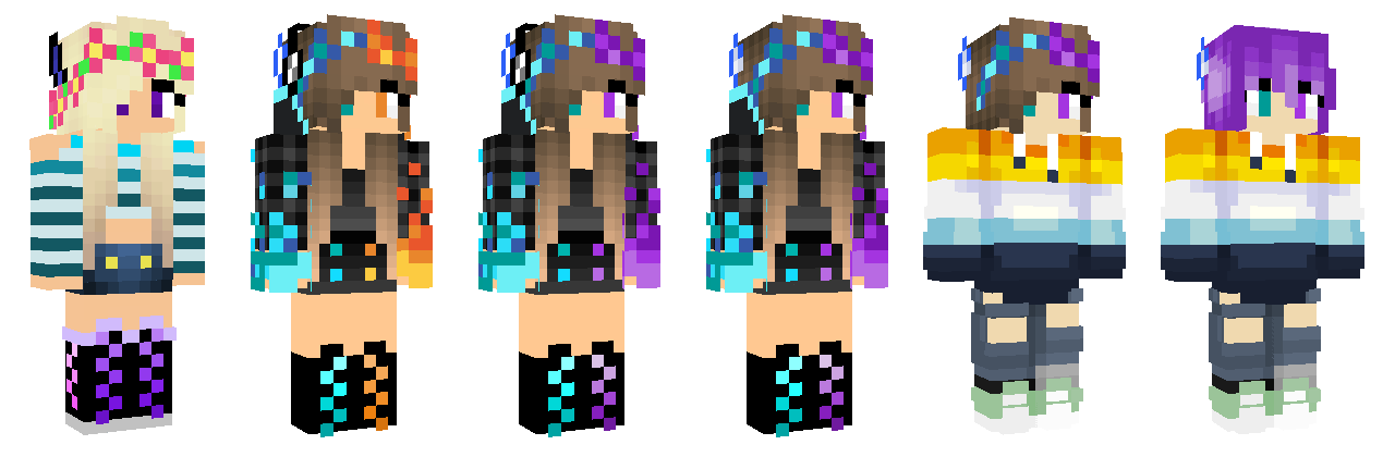 Six Minecraft skins, showing a progression towards Ela's character as it was at the beginning of the series.